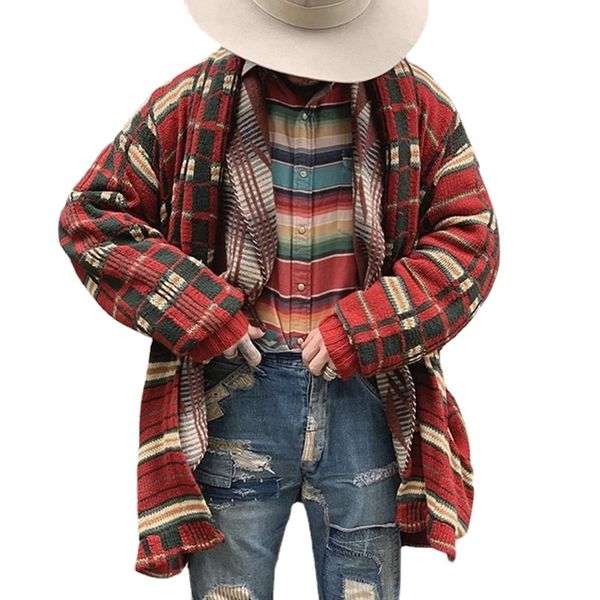 

men's sweaters y2k spring autumn solid color casual fashion plaid knitted cardigan long loose large sweater coat microelastic type 2302, White;black