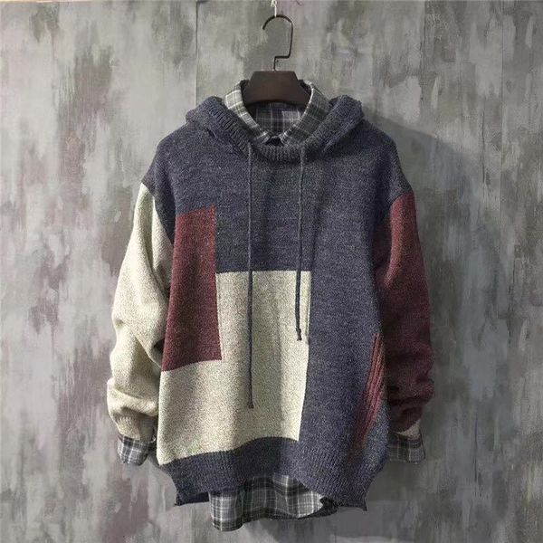 

men's sweaters fashion hooded knitted spliced asymmetrical sweater clothing autumn loose casual pullovers warm 230210, White;black