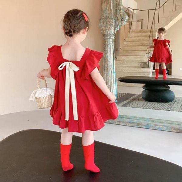 

girls dresses summer toddler girls petal sleeve loose dress casual ruffled dresses solid back bowknot a line dresses children outfit 27y 230, Red;yellow