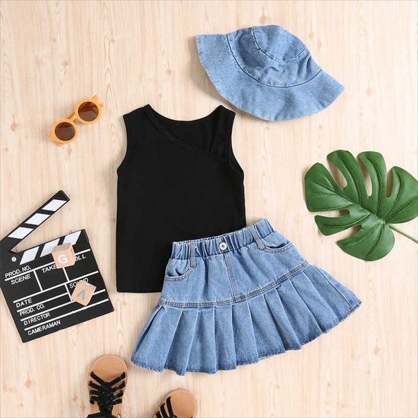 

clothing sets summer kids clothes set for children girls suit sleeveless denim pleated skirt set with hat outfits baby girls clothing w23021, White