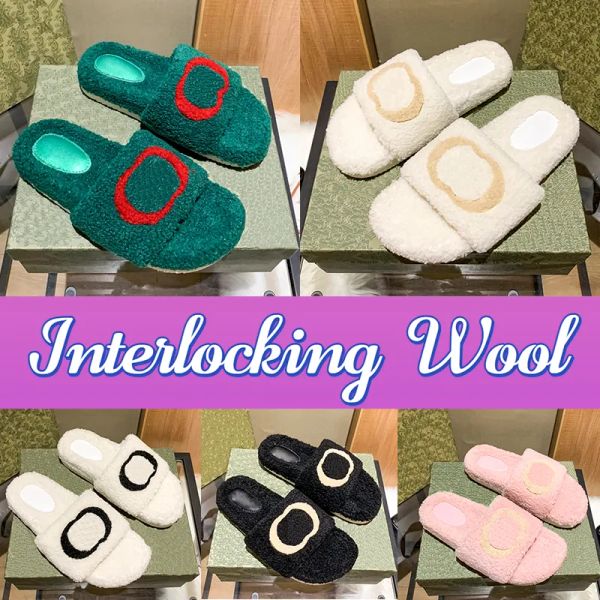 

with box winter fur slippers women designer furry slipper interlock wool warm slide shoes luxury slides beige pink sandal with box slippe hz, Black