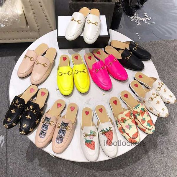 

2023ss designer princetown slippers fashion leather mules women loafers metal chain comfortable casual shoe lace velvet slipper with box, Black
