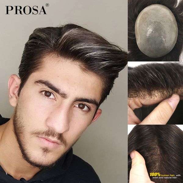

synthetic s soft thin skin real human hair for men full vlooped 's man system for fashion male piece 230210, Black