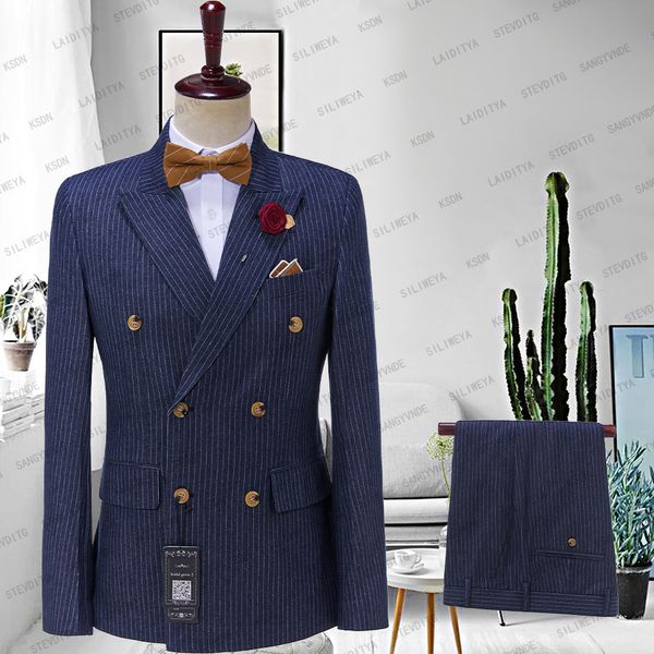 

men's suits blazers 2023 mens 2 pieces vintage double breasted suit denim blue stripe terno slim large lapels wedding groom tuxedo tail, White;black