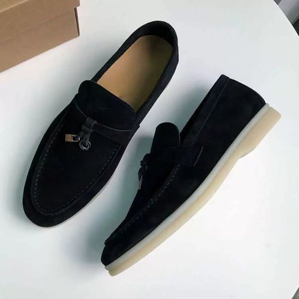 

2021 new soft bottom leffer driving shoes one foot mens lazy loro summer walk comfortable suede leather cashmere tassels luxury dress shoes, Black