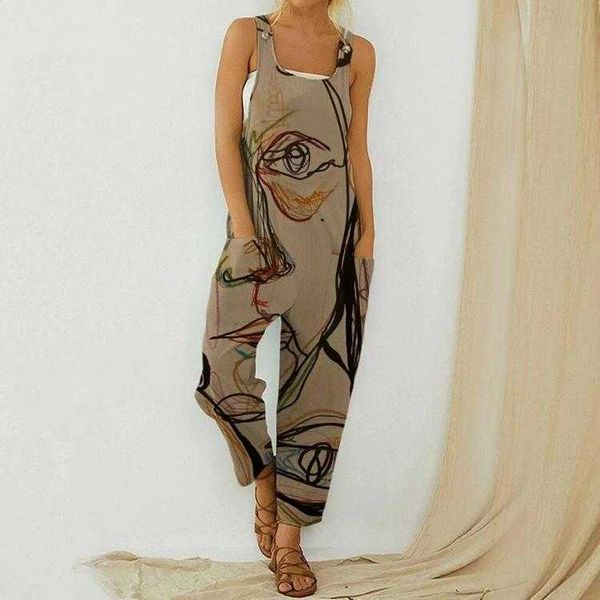

women's pants capris summer abstract print loose strap pants women's new cotton linen strap button jumpsuit t230210, Black;white
