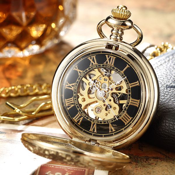 

pocket watches luxury retro golden hollow skeleton mechanical pocket watch mens fob chain steel exquisite sculpture women men pocket wath gi, Slivery;golden