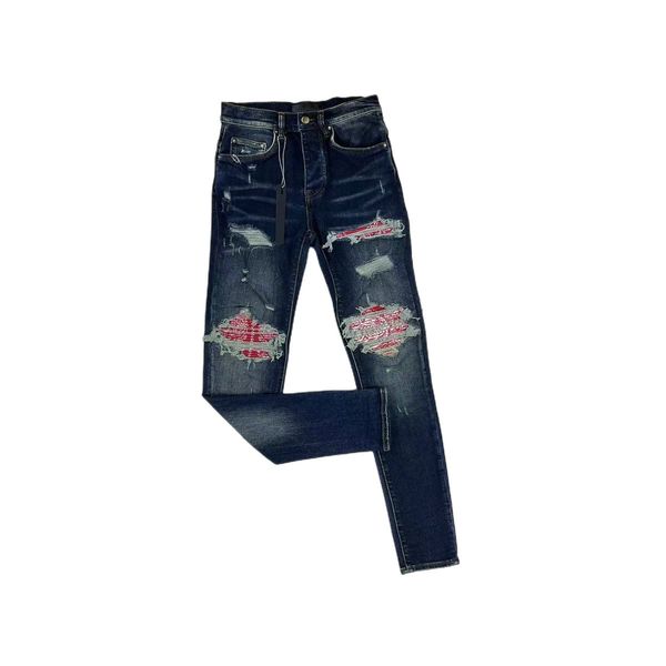 

hm605 mens jeans slim jeans distressed denim white designer leather pants with holes letters torn tattered knee ripped for man skinny straig, Blue