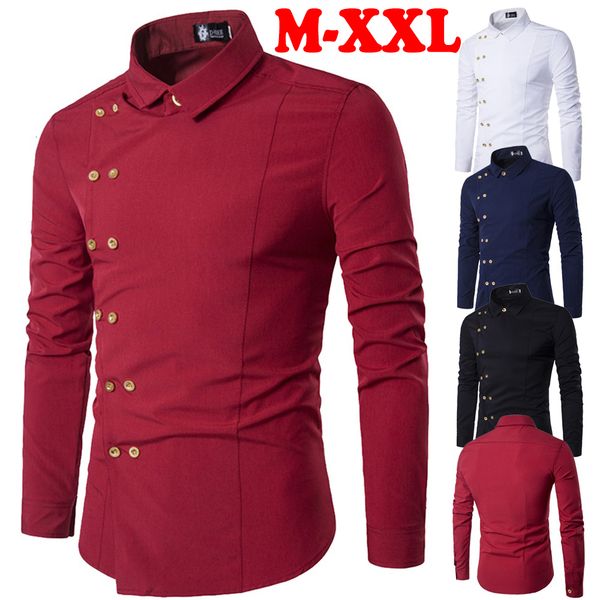 

men's casual shirts four seasons personality oblique buckle irregular doublebreasted dress slim 230210, White;black