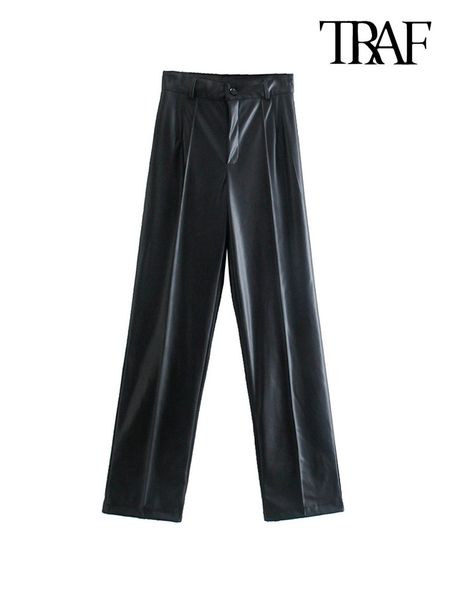 

women's pants capris traf women fashion faux leather straight vintage high waist zipper fly female trousers mujer 230210, Black;white