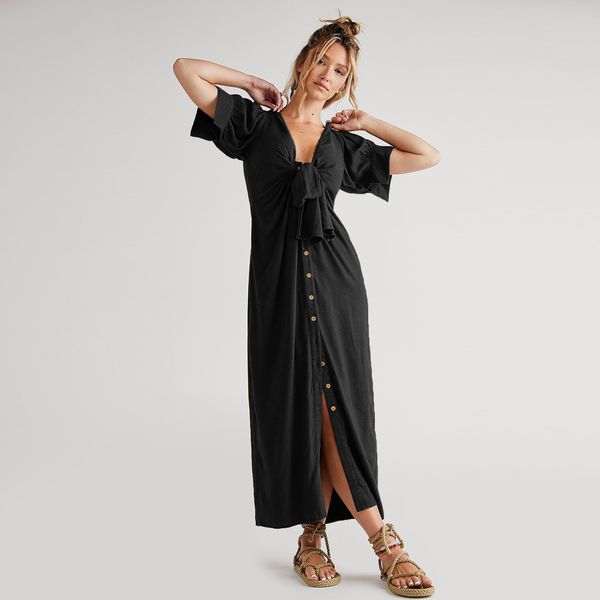 

button cardigan strap short sleeve loose dress beach holiday dress, Black;gray