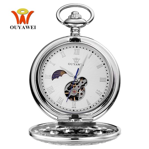 

pocket watches luxury oyw hand winding mechanical silver men pocket watch skeleton dial steel necklace chain pendant vintage dress fob watch, Slivery;golden