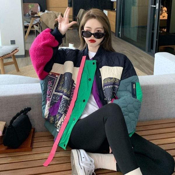 

women's down parkas fashion baseball jacket women splicing contrast lamb wool cotton coat winter loose casual parker outerwear female 2, Black