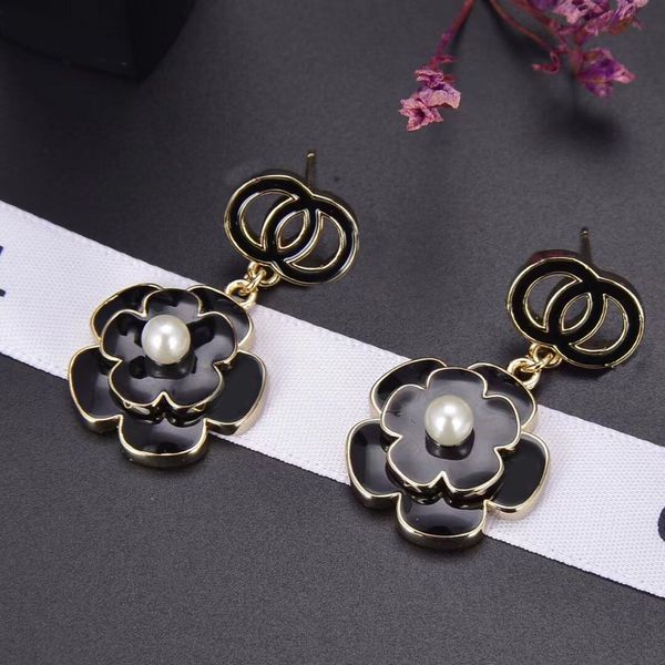 

new charm earrings fashion luxury brand designer bright black enamel flower petals wedding party christmas valentine's day gift quality, Golden