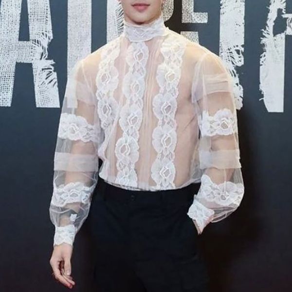 

men's tshirts lace high neck men shirt fashion long sleeve flower printed pullover casual perspective loose tshirt 230209, White;black