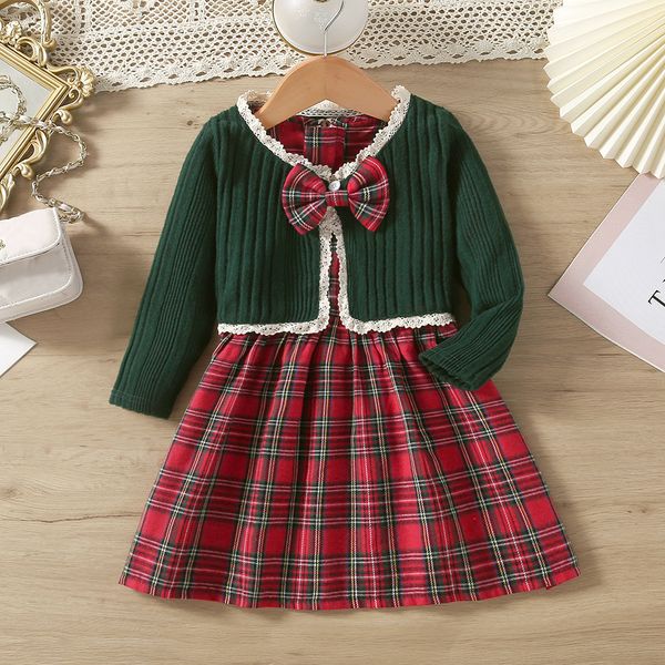 

girls dresses kids plaid dress sets for girls spring autumn toddler long sleeve casual lace knit cardigan dress children clothing 230210, Red;yellow