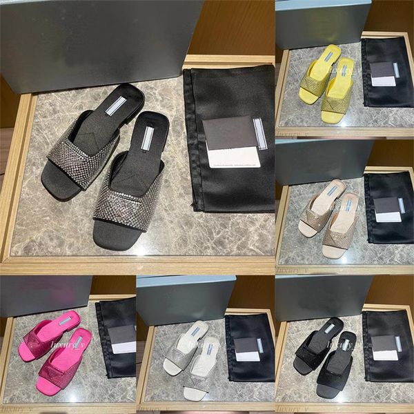 

designer crystal satin slippers black women muller sandals rubber soles slide casual fashion party ladie flip flops fashion embossed leather