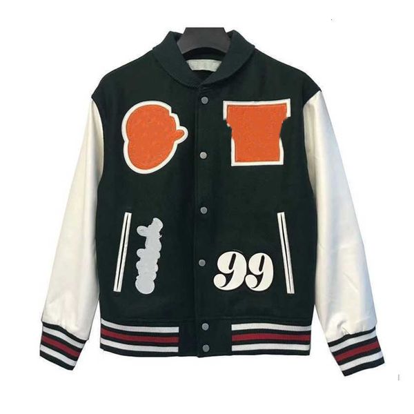 

offs autumn and winter brand jacket 2023 new coat male and female lovers ow heavy industry embroidered wool spliced leather sleeve bomber ba, Black;brown