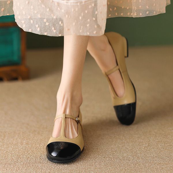 

flat mary jane shoes women fashion mixcolor t strap genuine leather lad flats woman single shoe, Black