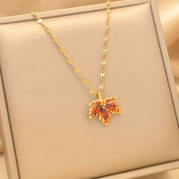 

red maple leave pendant necklaces for women cute romantic female neck chain ladies stainless steel jewelry, Silver
