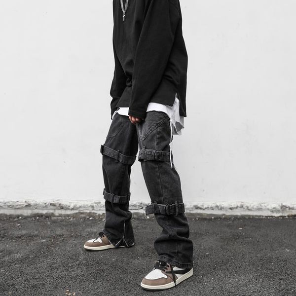 

men's jeans wide leg cargo pants clothing high street retro multi pockets washed old s loose casual black 230210, Blue