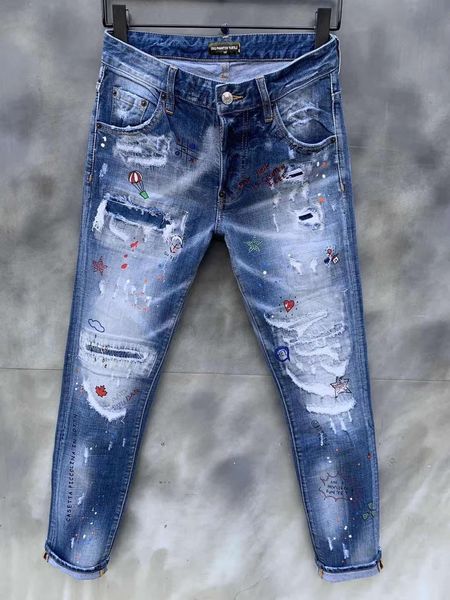 

dsquare jeans d2 jeans mens luxury designer jeans skinny ripped cool guy causal hole denim jean fashion brand fit jeans men washed p myz, Blue