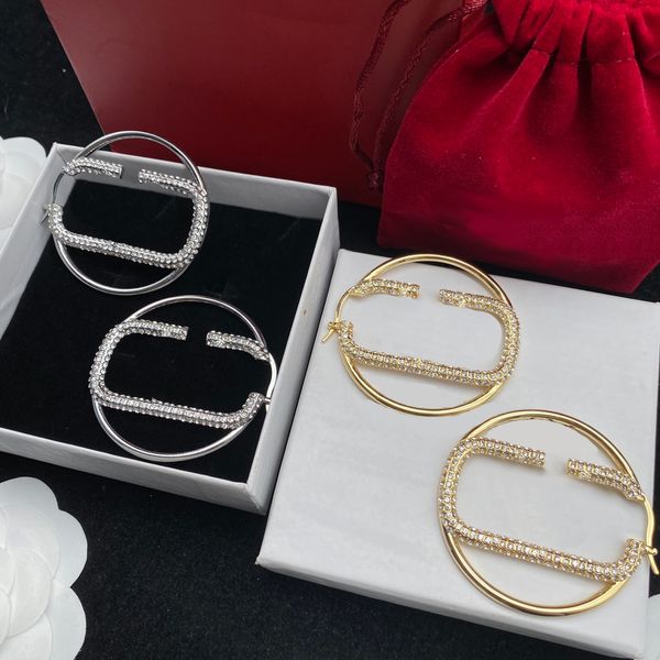 

stylish crystal letter hoops gold hoop earrings designer large diamond studs circle rectangle danglers with box, Golden;silver