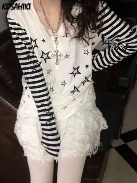 

women's t-shirt kosahiki streetwear long sleeve t shirts harajuku women punk star print casual striped t shirt japanese y2k aesthetic g, White