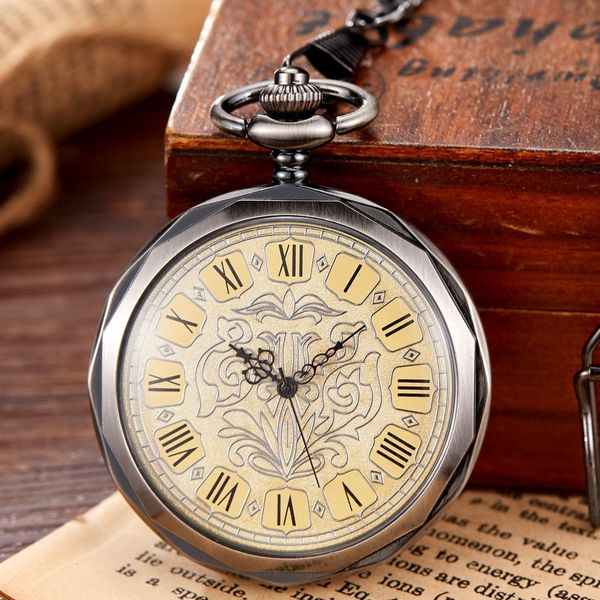 

pocket watches hexagonal mechanical pocket watch golden sliver bronze hollow fob chain with box men women lady watches mens vintage gifts 23, Slivery;golden