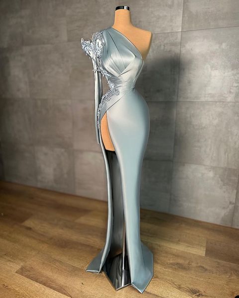 

elegant prom dresses one long sleeve bateau satin appliques sequins beaded 3d flowers floor length celebrity zipper side slit evening dresse, Black