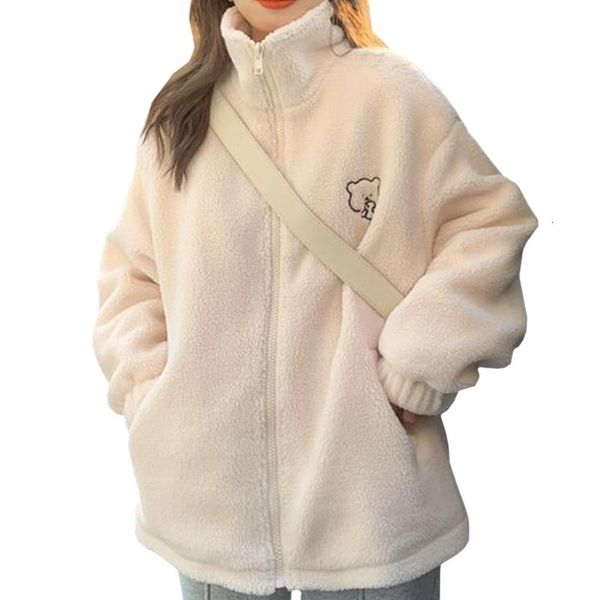

womens hoodies sweatshirts winter letter pink zippercoat lamb wool keep warm midlength women sweatshirt embroidery cute biscuit bear fashion, Black