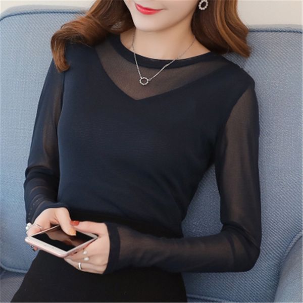 

women's blouses shirts fashion women o-neck long sleeve spring autumn thin shirt female spliced lace solid color slim blouse pullover c, White