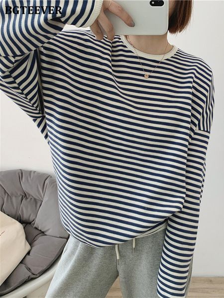 

womens hoodies sweatshirts bgteever autumn casual striped pullovers women knitted cotton female longsleeved loose tee shirt femme 230210, Black