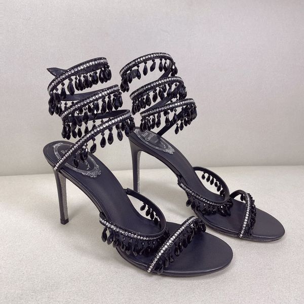 

crystal-embellished caovilla chandelier rene sandals leather stiletto heels evening shoes women heeled luxury designer ankle wraparound shoe, Black
