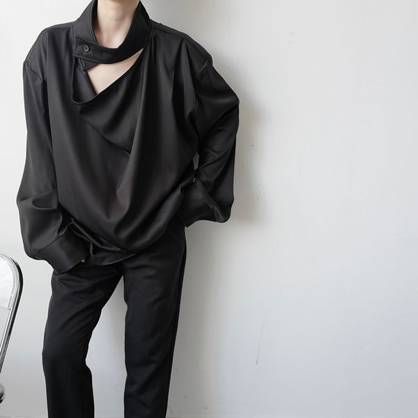 

men's casual shirts autumn korean style unique collar design shirts men casual loose solid color pullover for size  xl 230209, White;black