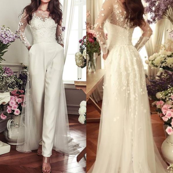 

boho wedding dress bride jumpsuits with pockets detachable train lace jacket 3d floral applique long spring summer bridal gowns country gard, White