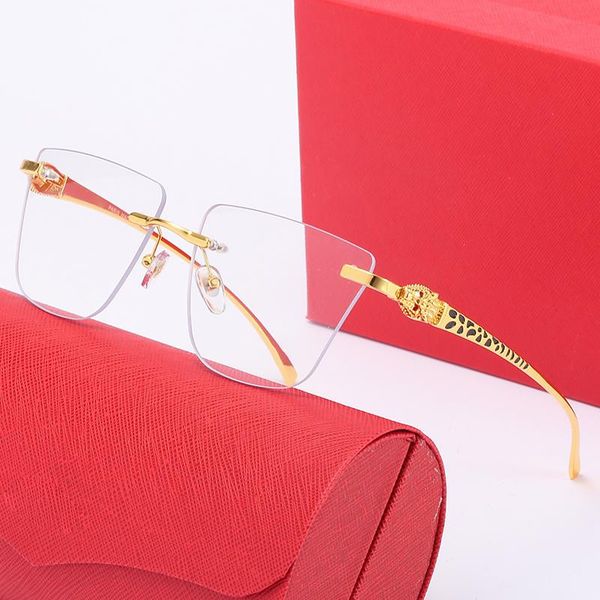 

men designer sunglasses leopard head composite metal rimless optical frame classic rectangle square luxury gold sunshade sunglass carti fram, White;black