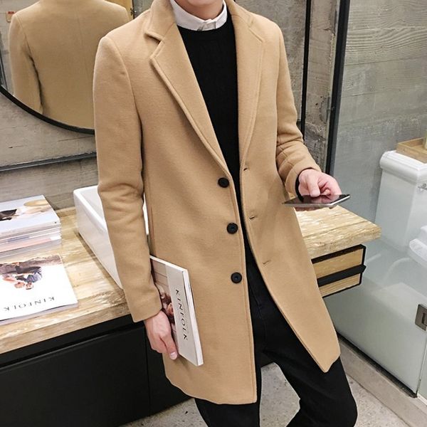 

men's wool blends 2023 boutique m5xl korean version of all fashion trench coat long casual slim solid color trend british style 230210, Black