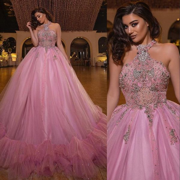 

2023 pink ball gown quinceanera dresses bridal gowns halter crystal beads zipper back sweet 16 dress ruffles floor length tulle sequined lac, Blue;red