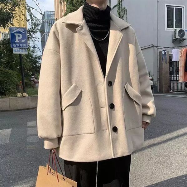 

men's wool blends coat men autumn winter korean fashion turndown coats thicken windbreaker solid singlebreasted outerwear male 230210, Black