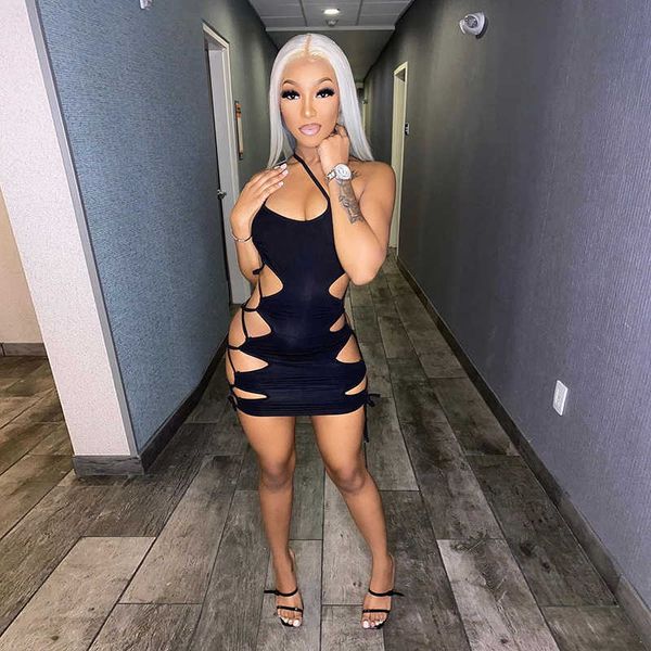 

party dresses summer black hollow out lace up sling slim dress women fashion sleeveless clothing lady solid mini dresses t230210, White;black