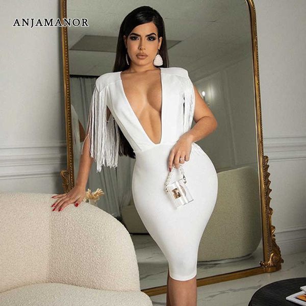 

casual dresses anjamanor deep v neck tassel sleeveless bodycon dresses for women party short dress white black club outfits 2023 d42-ci26 t2, Black;gray