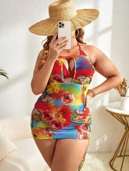 

three piece set swimsuit butterfly print tie dye halter bikini, White;black