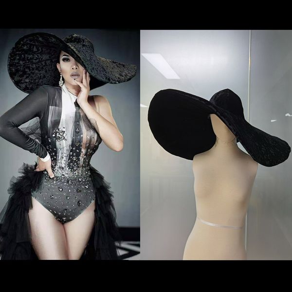 

cloches fashion black velvet large brim hat elegant party prom hat floppy wide cap foldable dancer singer stage accessories 230211, Blue;gray