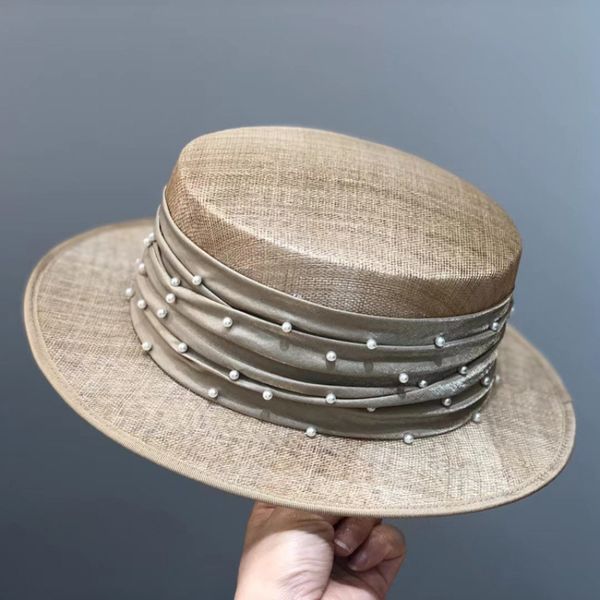 

cloche elegant linen wedding hats wide brim brown summer pearl cap ladies formal fedora cap 230211, Blue;gray
