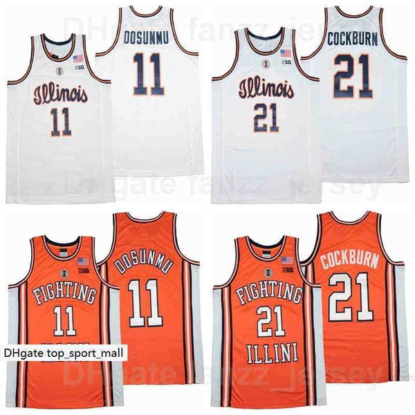

illinois fighting illini college 11 ayo dosunmu jersey 21 kofi cockburn university basketball team orange color white breathable shirt sport, Black