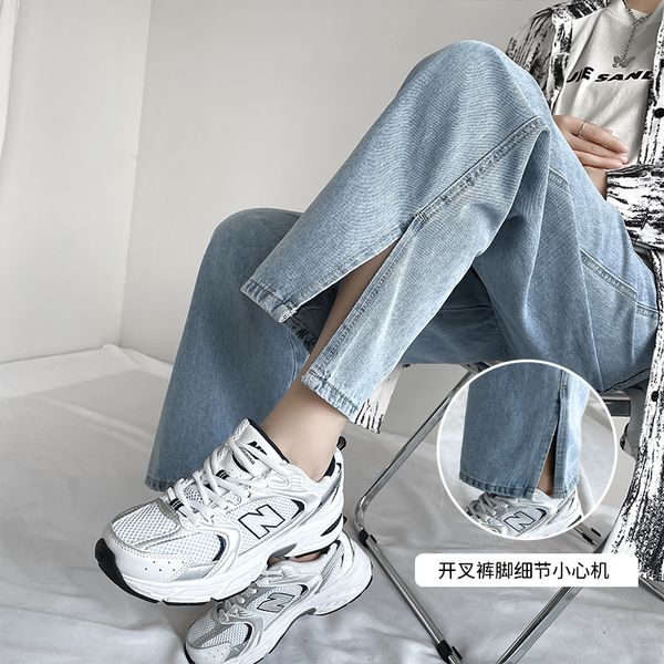 

women's jeans 8992 107 cm side split denim maternity straight long jeans wide leg loose pants clothes for pregnant women chic ins pregn, Blue