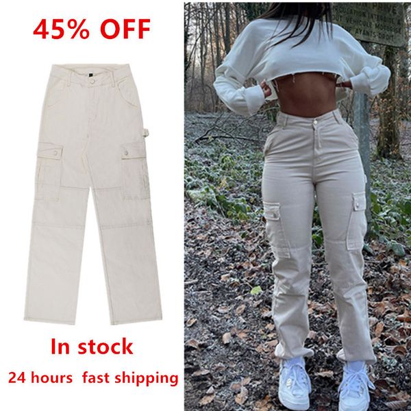 

women's pants capris vintage cargo pants baggy jeans fashion 90s streetwear pockets high waist straight y2k womem pants denim trousers, Black;white