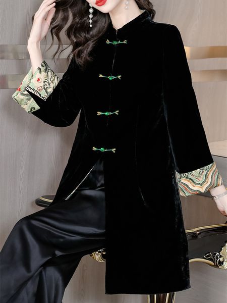 

women's trench coats stylish sleeve embroidery vintage velvet kimono trench women o-neck windbreaker coat outerwear clothes 230211, Tan;black