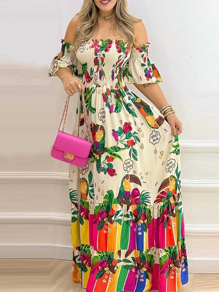 

party dresses animal plants print shirred frill hem maxi dress t230210, White;black
